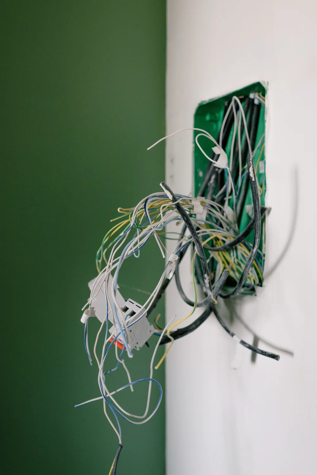 Old wiring spilling out of a junction box, for electrician in Oakville
