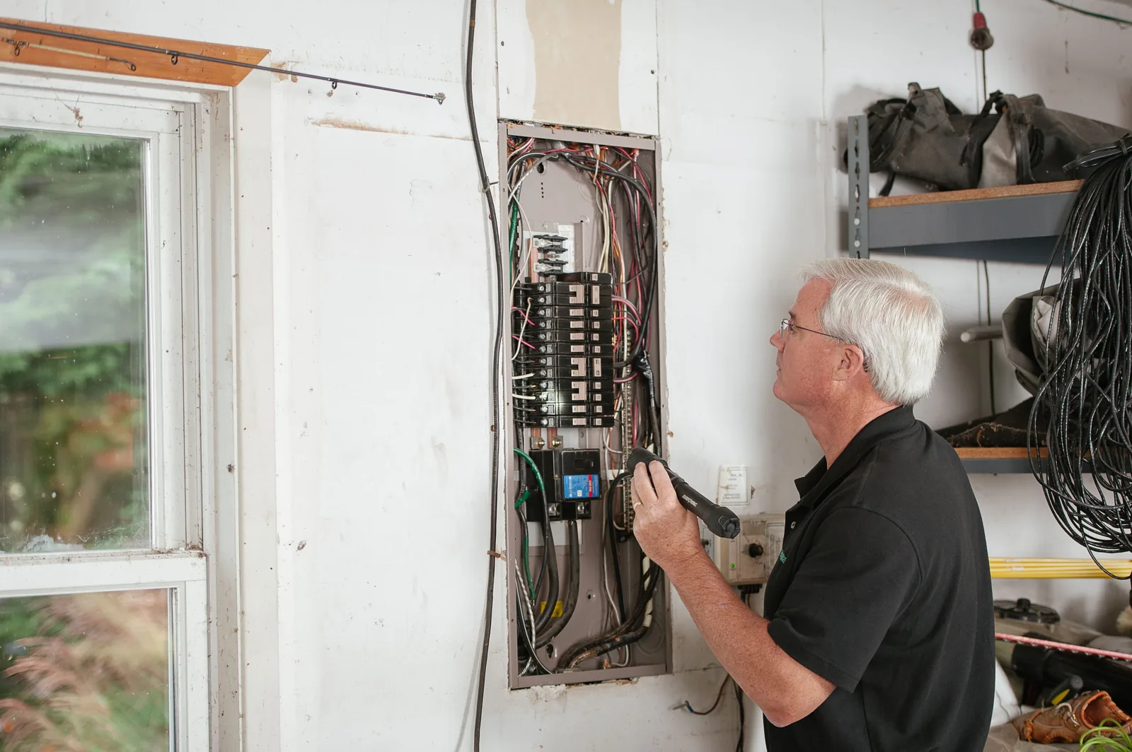 An electrician checking an open residential panel by torchlight, for licensed electrician in Oakville